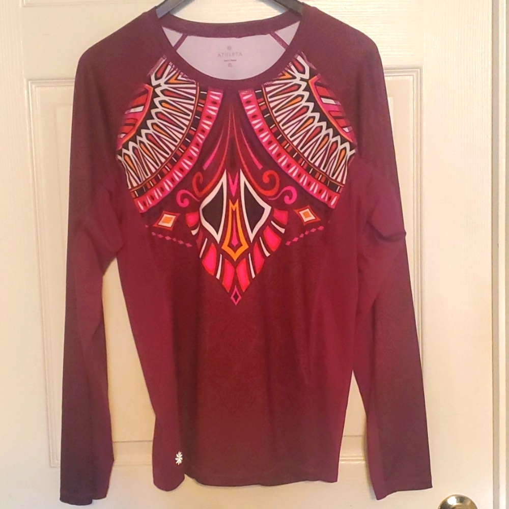 Athleta Burgundy Long Sleeve Tee with Pink and Orange Pattern